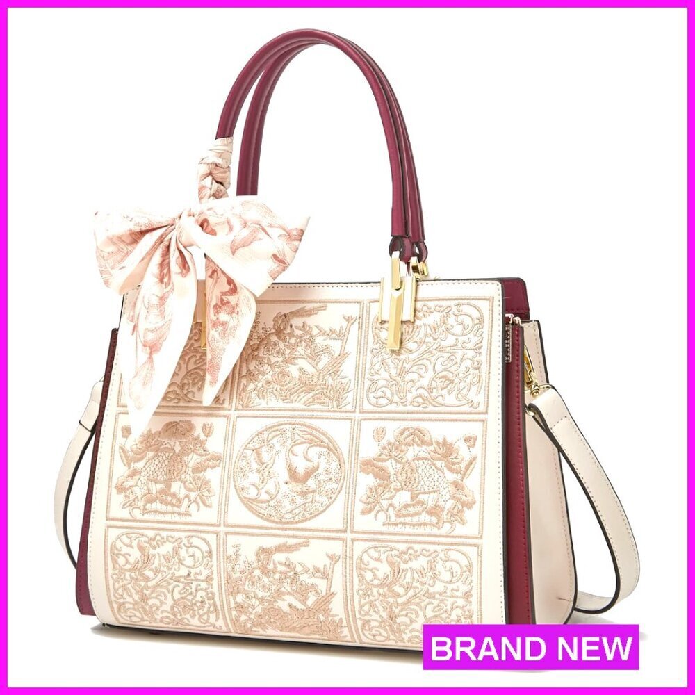 Vintage Embroidery Tote Bag Genuine Leather Satchel Adjustable Strap Chic